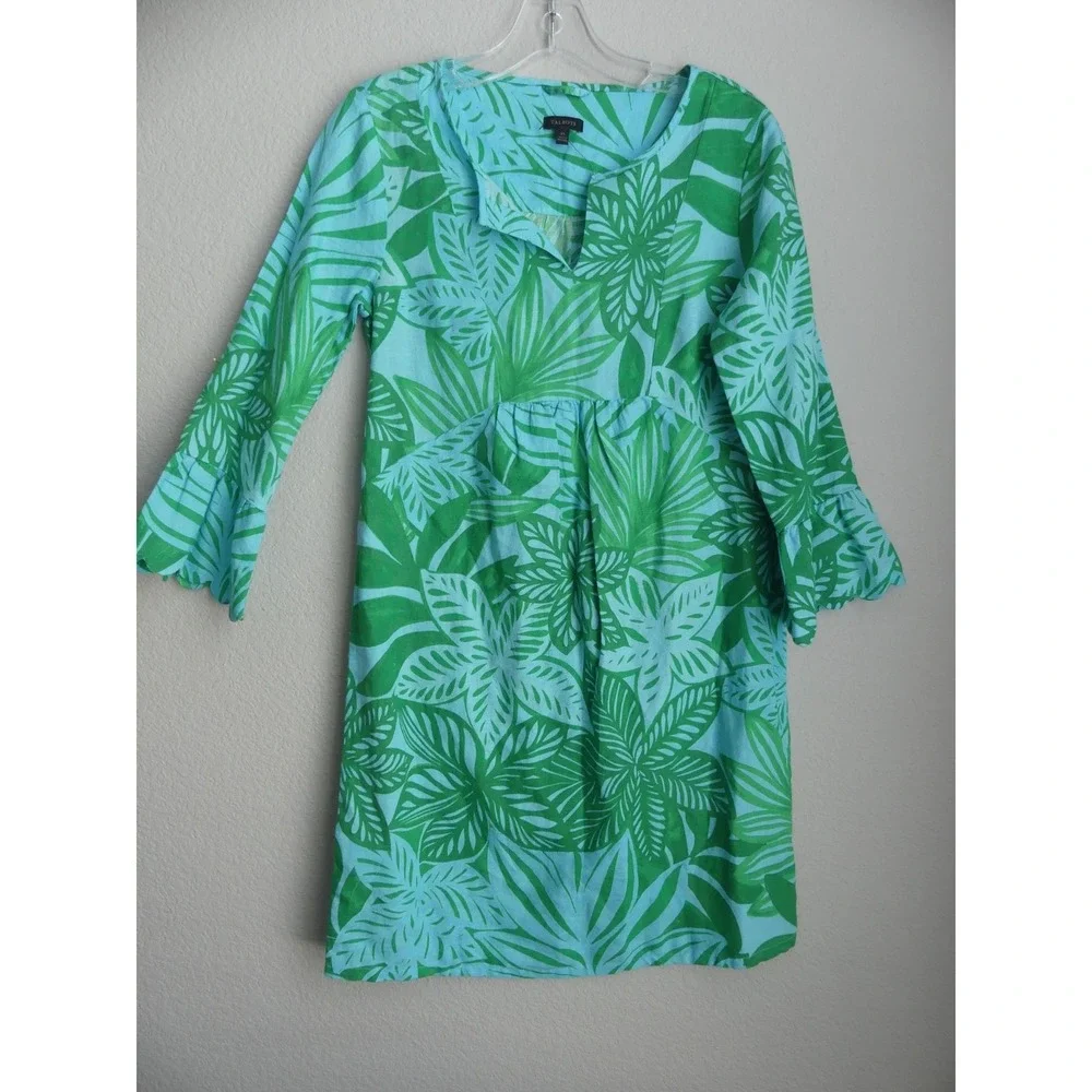 Talbots Linen Blend Tropical Print Shift Dress XS Ruffle Sleeve Summer Beach - Picture 1 of 6